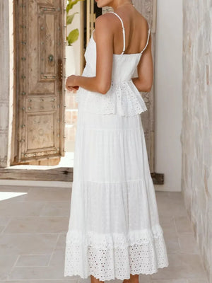 White eyelet lace cami set with tiered skirt and ruffled hem.