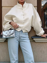 Apricot oversized button-up shirt with mandarin collar