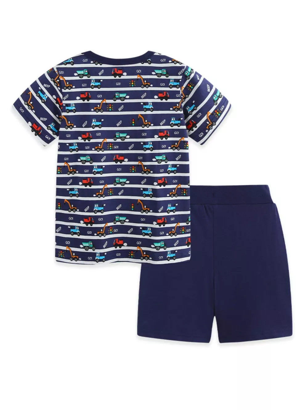 Navy cotton baby outfit with vehicle print t-shirt and solid shorts