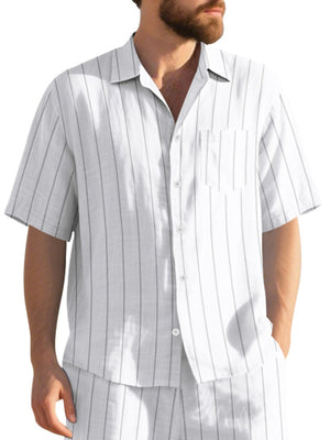 White striped cotton camp collar shirt with button-down front and chest pocket.