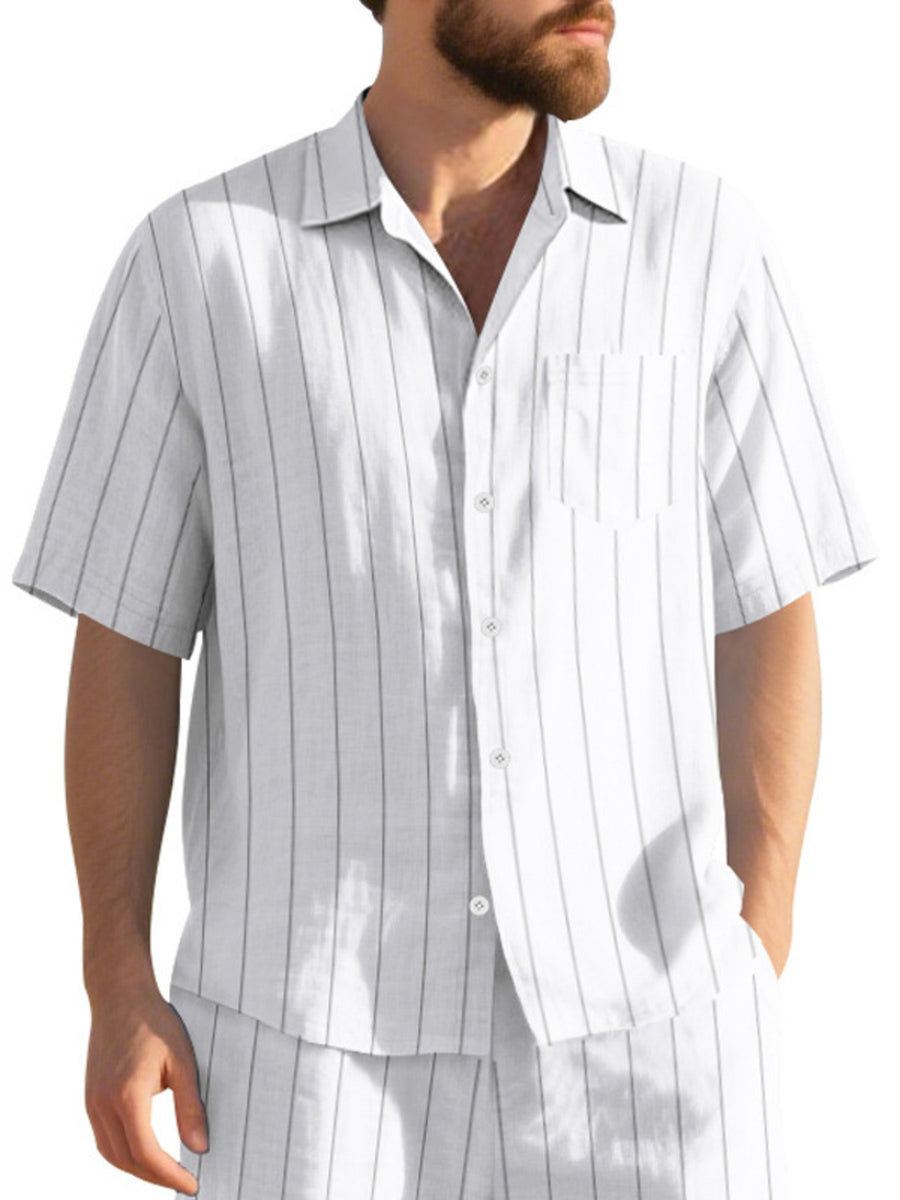 White striped cotton camp collar shirt with button-down front and chest pocket.