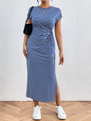 Blue and white striped midi dress with tie-side detail and slit