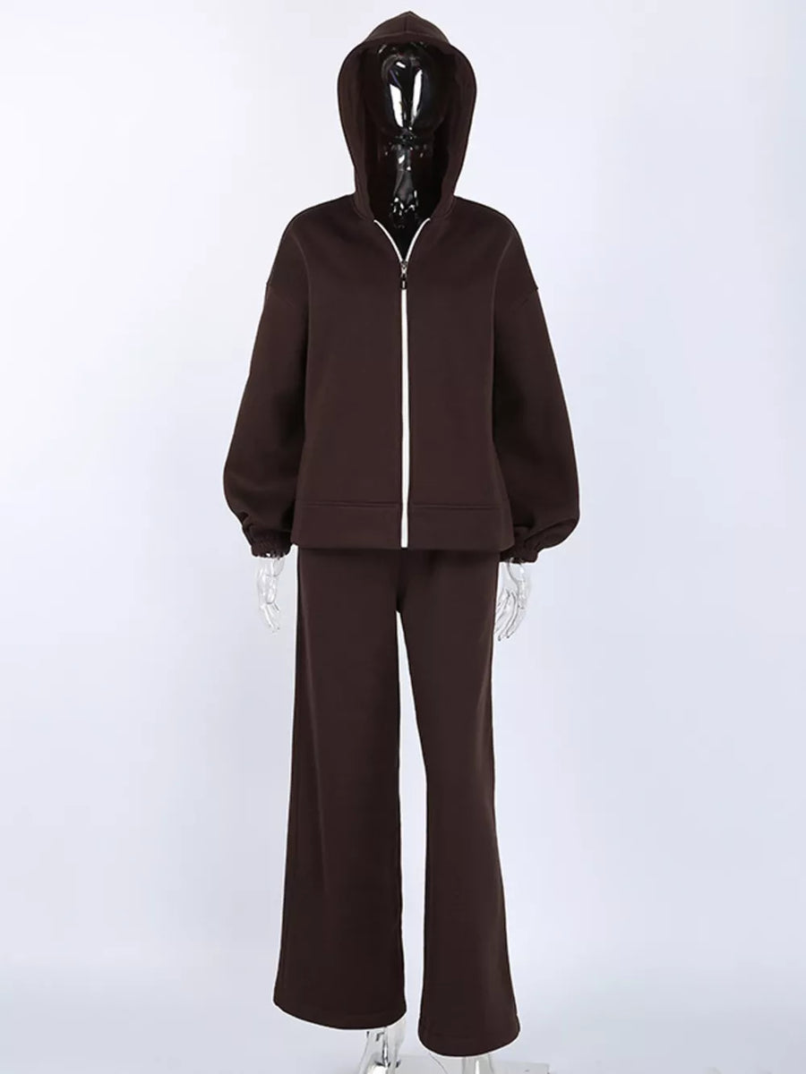 Zip-up Hoodie And Wide-leg Sweatpants Set in Pink with drawstring
