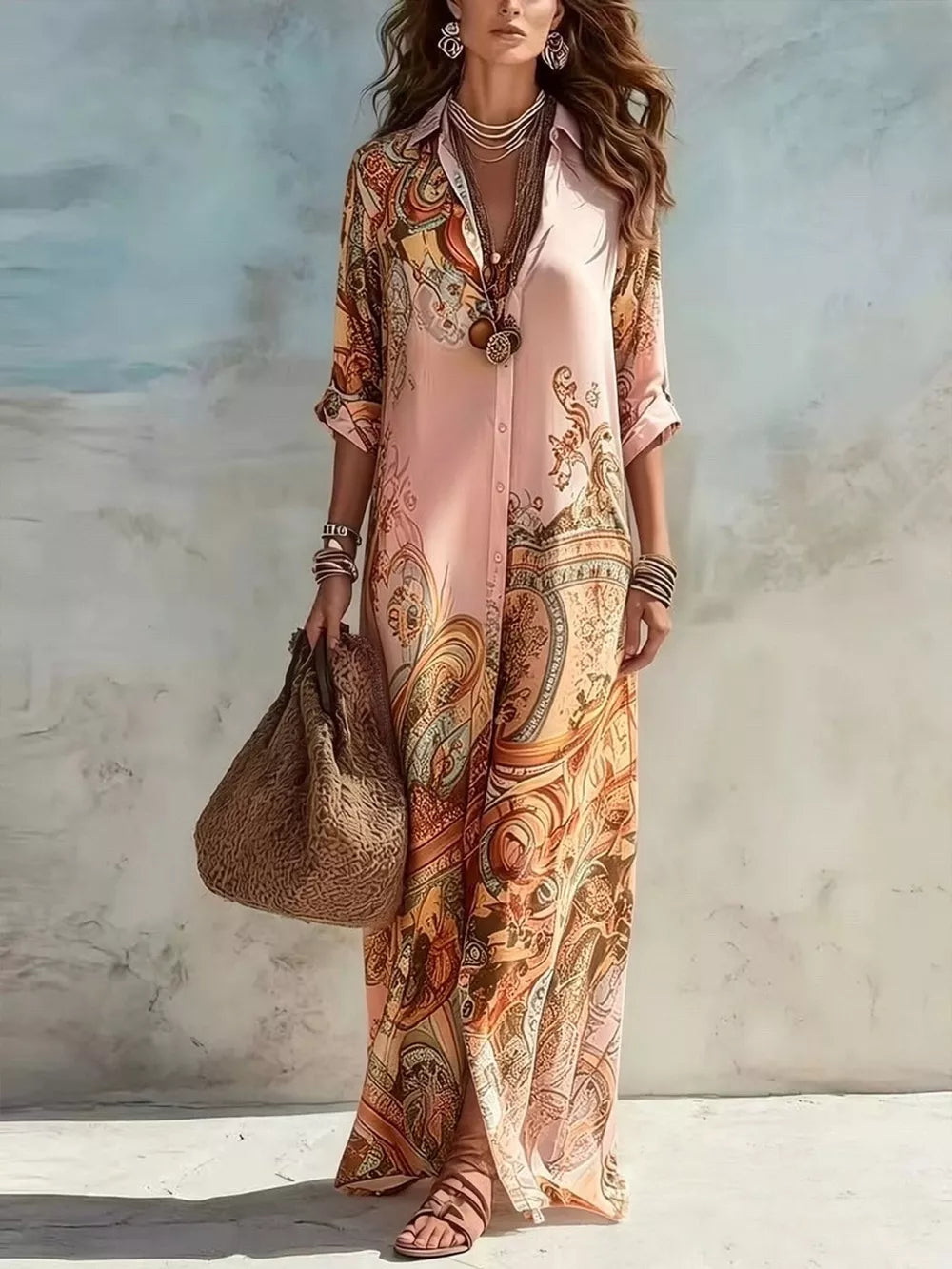 bohemian shirt dress in Blush Pink with collared