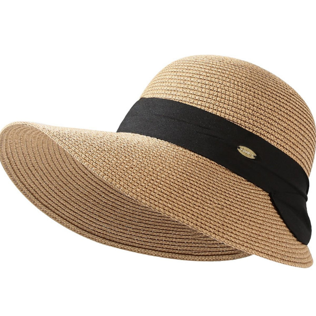 Woven straw wide brim sun hat in beige with black ribbon detail and metal accent.