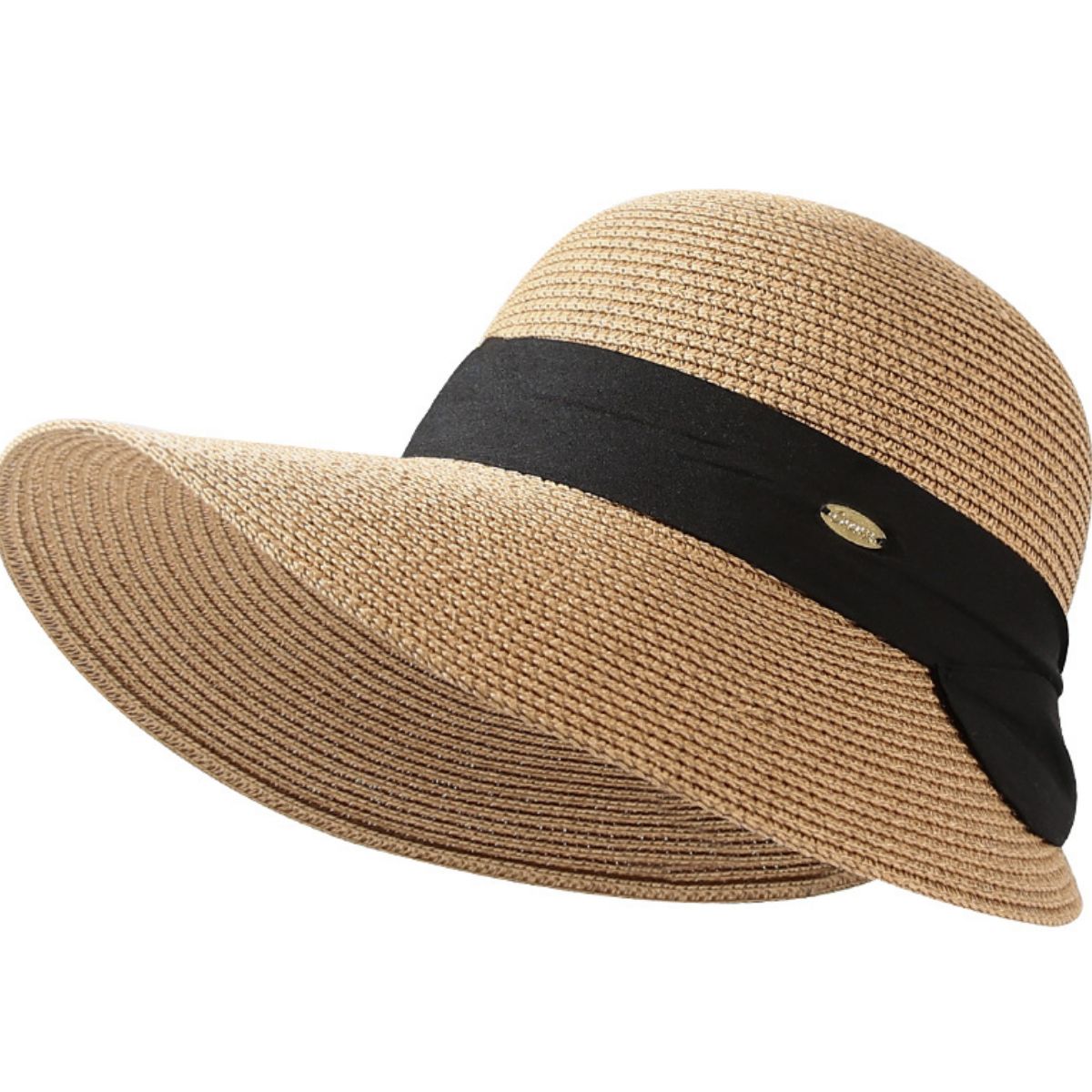 Woven straw wide brim sun hat in beige with black ribbon detail and metal accent.
