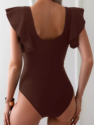 Dark brown one-piece swimsuit with ruffle sleeves and a V-neck.