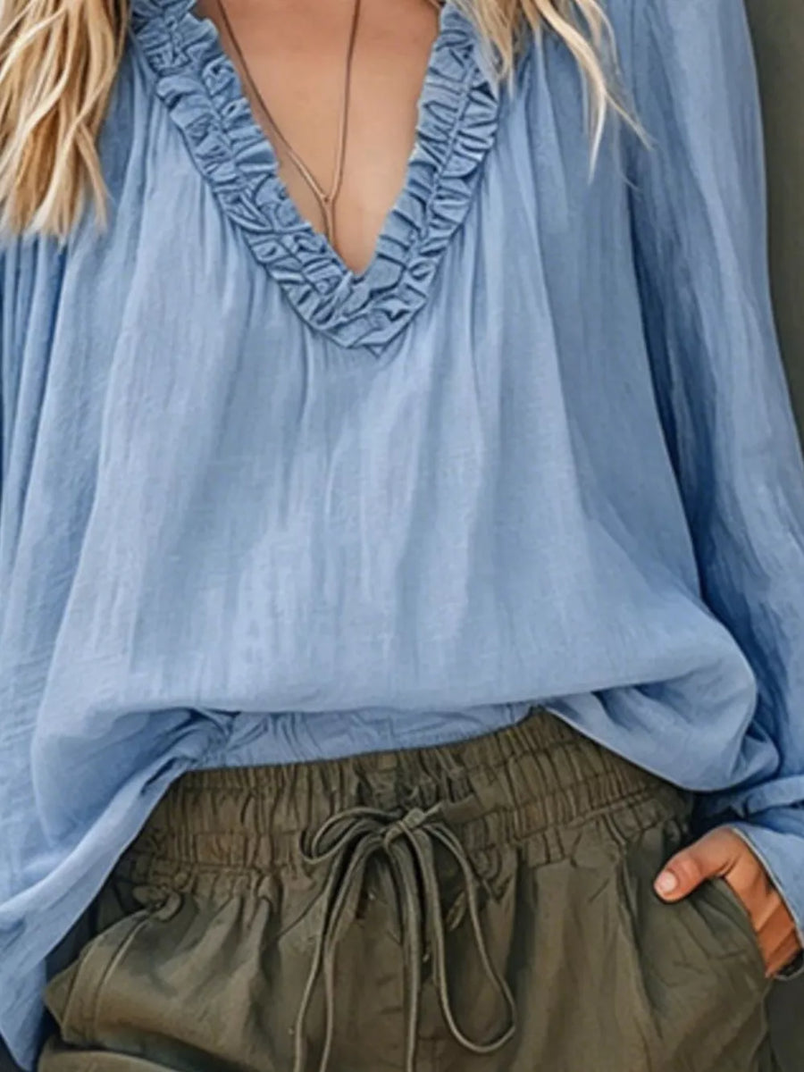 Frill V-neck Long Sleeve Blouse in White, view 11