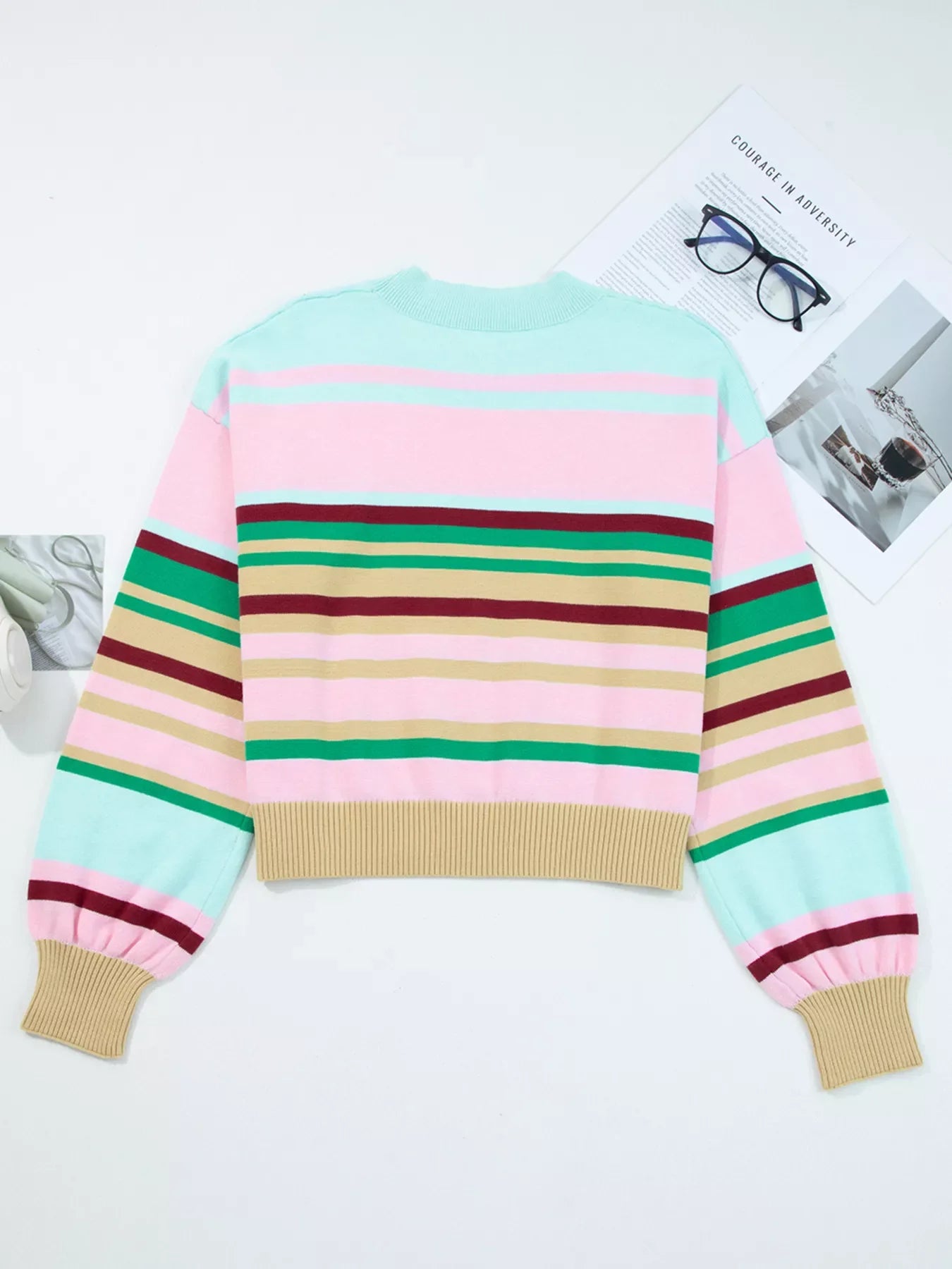 Multicolor striped ribbed boxy fit cropped sweater with crew neck and balloon sleeves.