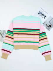 Multicolor striped ribbed boxy fit cropped sweater with crew neck and balloon sleeves.