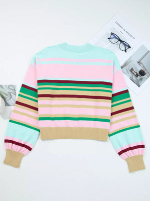 Multicolor striped ribbed boxy fit cropped sweater with crew neck and balloon sleeves.