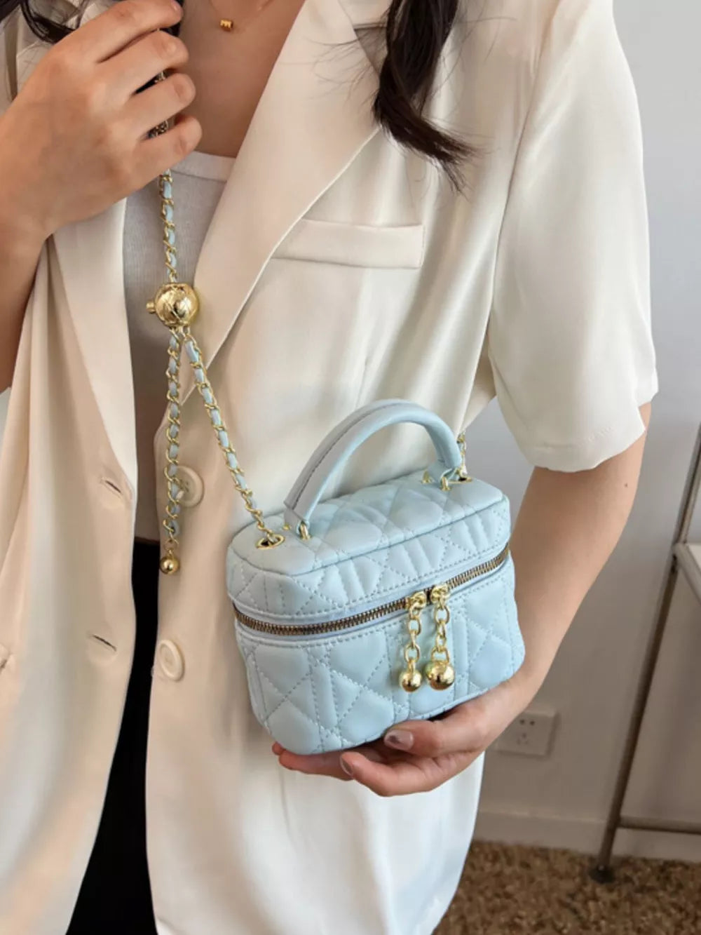 Blush Pink Quilted Mini Top Handle Crossbody Bag