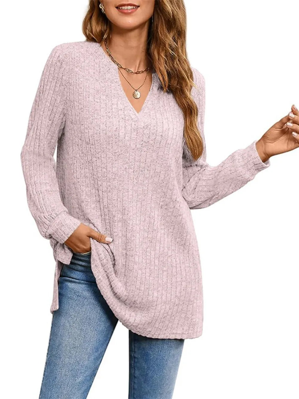 Ribbed Notched Long Sleeve T-shirt in Moss