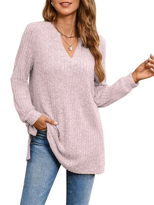 Ribbed Notched Long Sleeve T-shirt in Moss