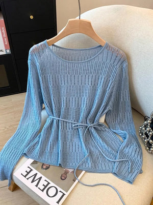 Long Sleeve Knit Top With Tie Detail in Pink Purple, view 12