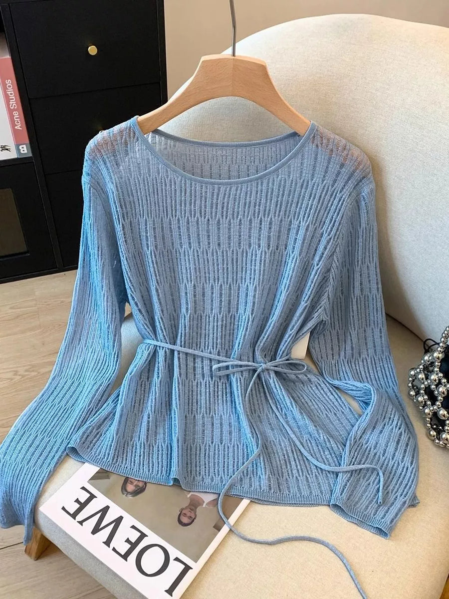 Long Sleeve Knit Top With Tie Detail in Pink Purple, view 12
