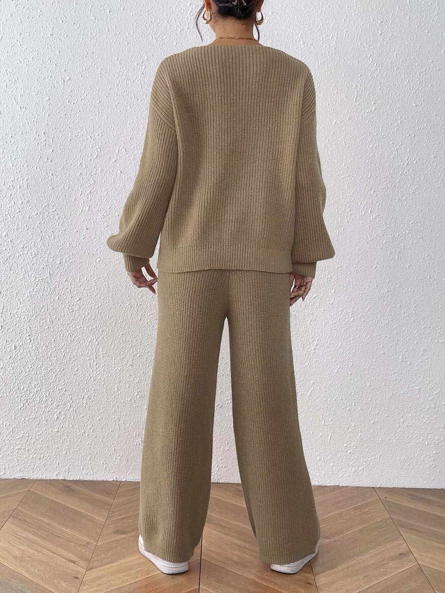 modern sweater set in camel with v-neck