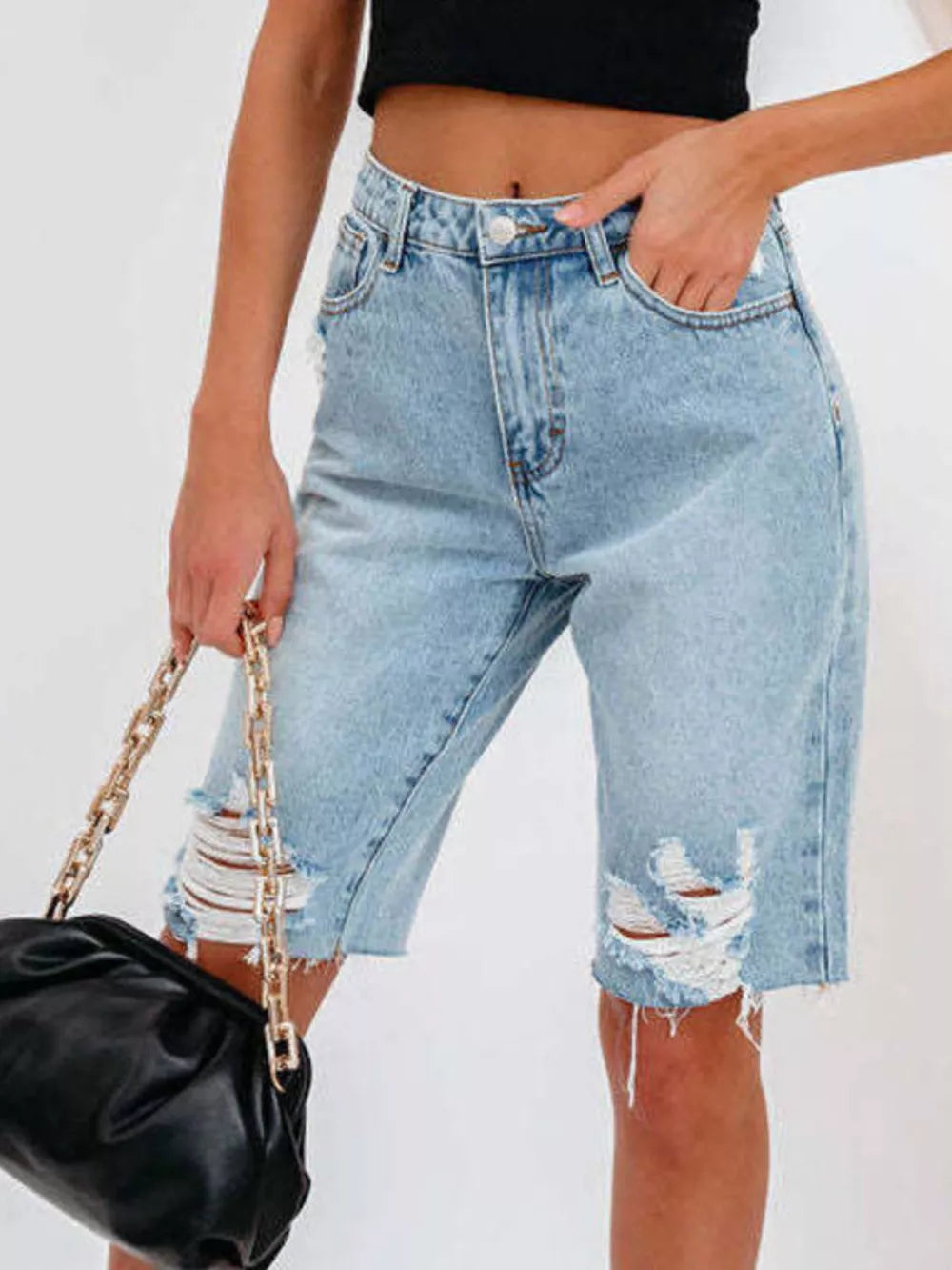 50%cotton, 50%spandex Care instructions: Machine wash cold denim shorts in Blue with relaxed silhouette