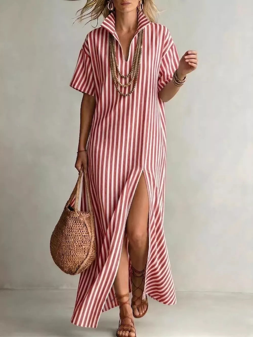 Full Size Striped Maxi Dress With Side Slit in Red