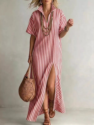 Full Size Striped Maxi Dress With Side Slit in Red