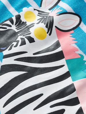 Toddler cotton dress with blue stripes and a playful zebra appliqué.