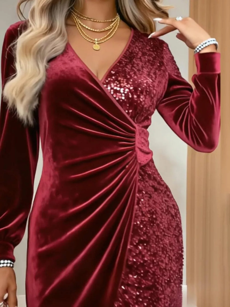 Gold with Velvet Sequin Long Sleeve Wrap Dress in Gold
