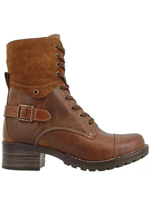 Brown leather combat boot with contrast suede cuff and buckle detail.