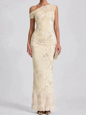 Apricot maxi dress with asymmetrical and sleeveless