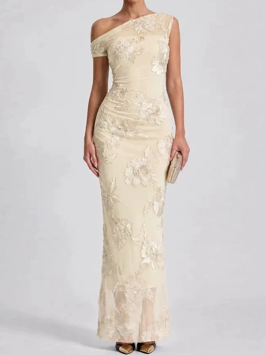 Apricot maxi dress with asymmetrical and sleeveless