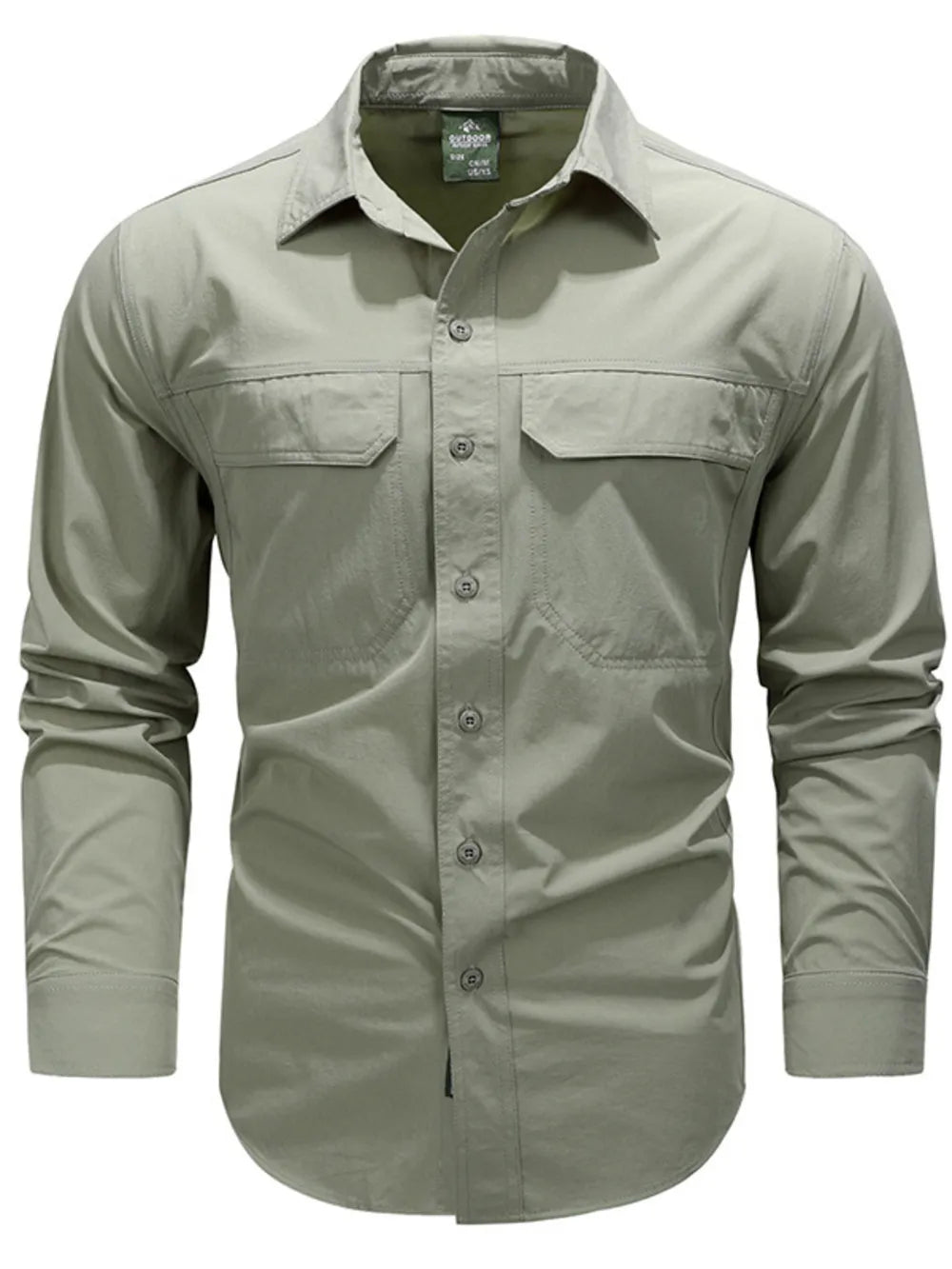Bean Green cotton overshirt with buttoned flap chest pockets and long sleeves.