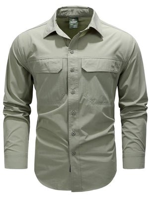 Bean Green cotton overshirt with buttoned flap chest pockets and long sleeves.