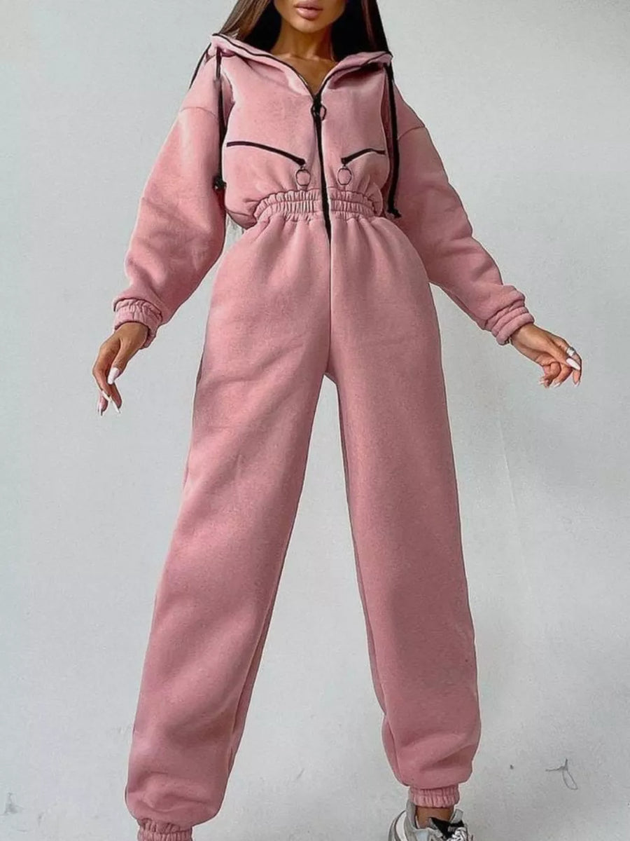 Zip Front Dropped Shoulder Jumpsuit in Apricot with drawstring