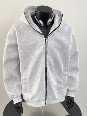 Men's grey zip-up hoodie with black zipper and pockets.