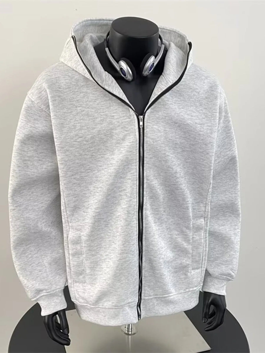 Men's grey zip-up hoodie with black zipper and pockets.