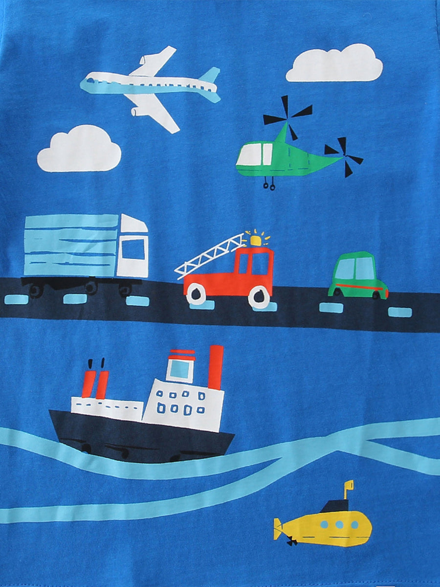 Blue t-shirt with airplane, helicopter, truck, fire truck, car, ship, and submarine print