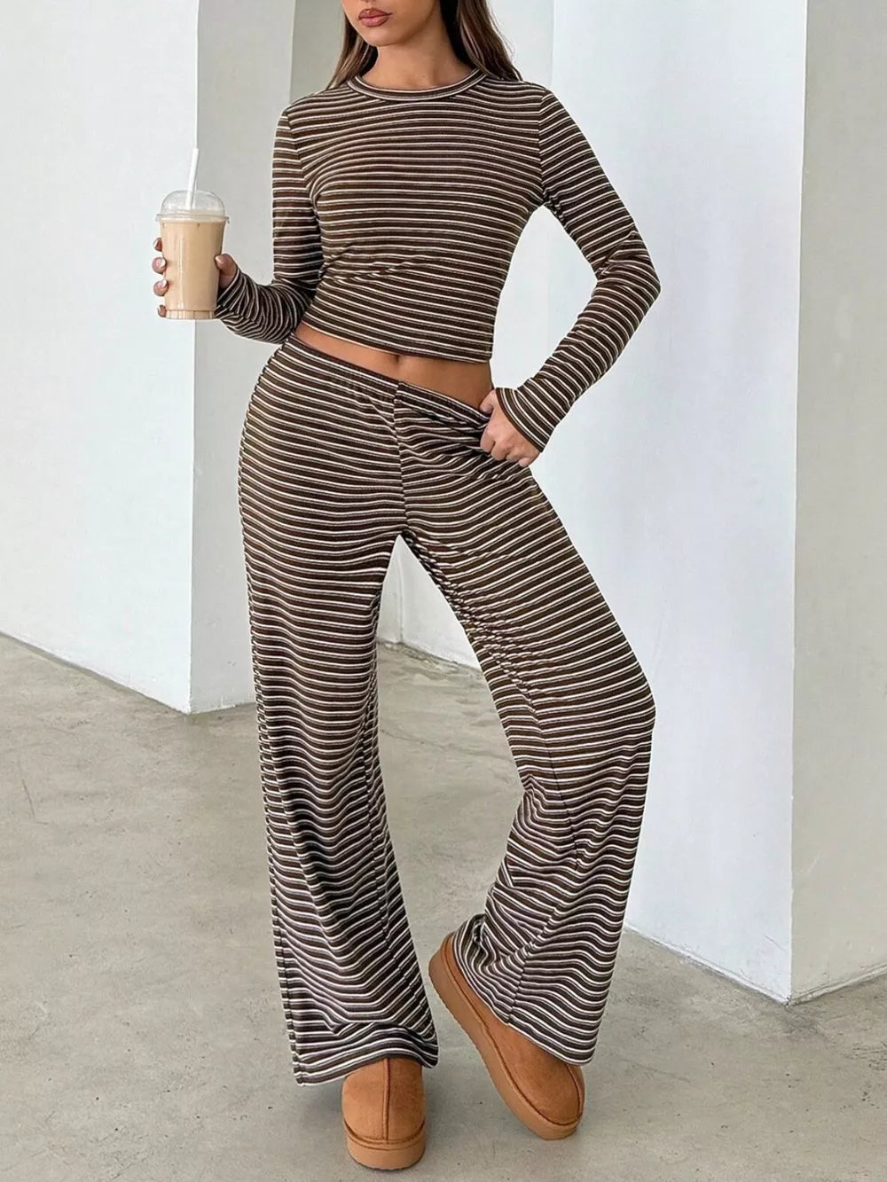 dark brown two-piece set with striped and crew neck