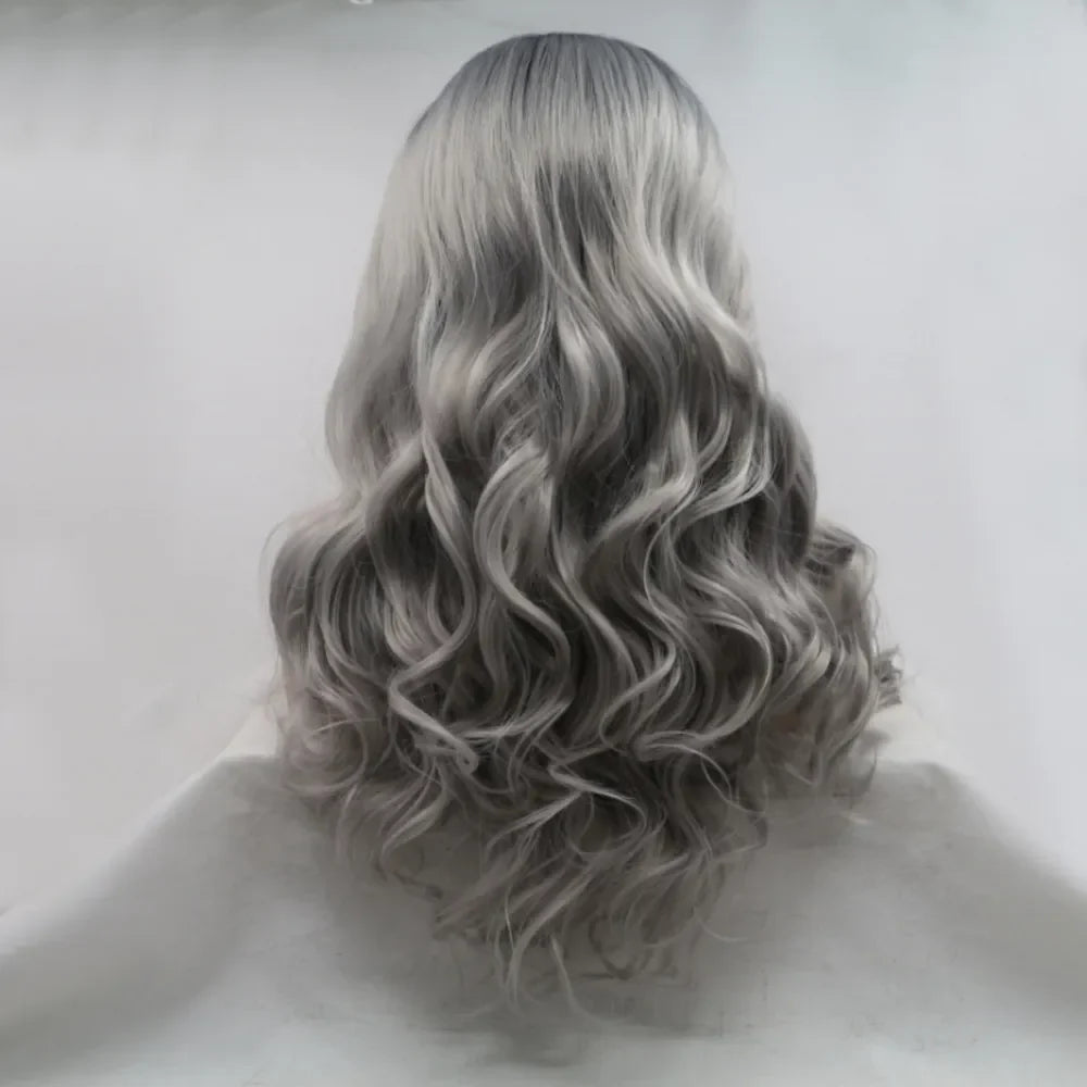 Silver ombre lace front wig with long wavy curls in black and grey tones.