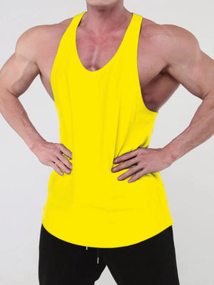 Yellow scoop neck workout tank top with a curved hem.