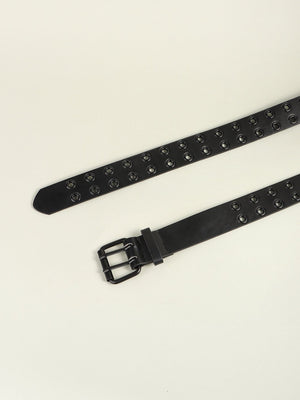 Black vegan leather belt with double grommets and a double buckle.
