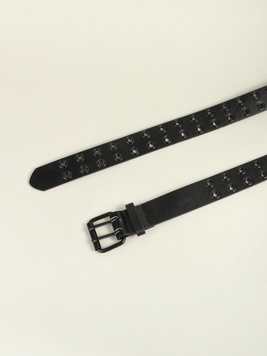 Black vegan leather belt with double grommets and a double buckle.