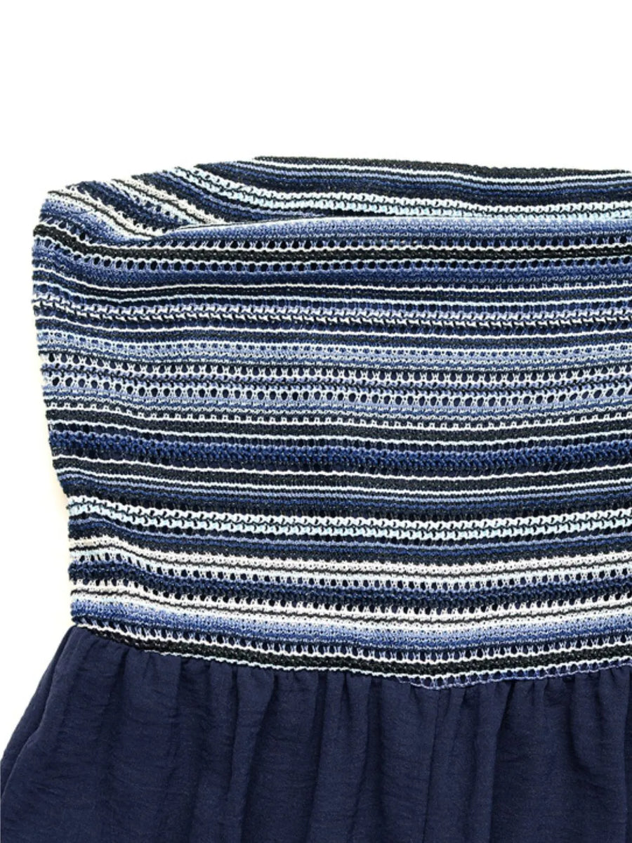 Dark blue striped bandeau palazzo jumpsuit with crochet detail and flowing fabric