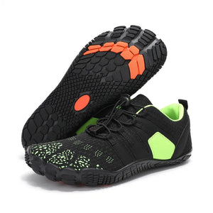 Black perforated mesh water-ready lace-up athletic shoes with lime green accents and a flexible sole.