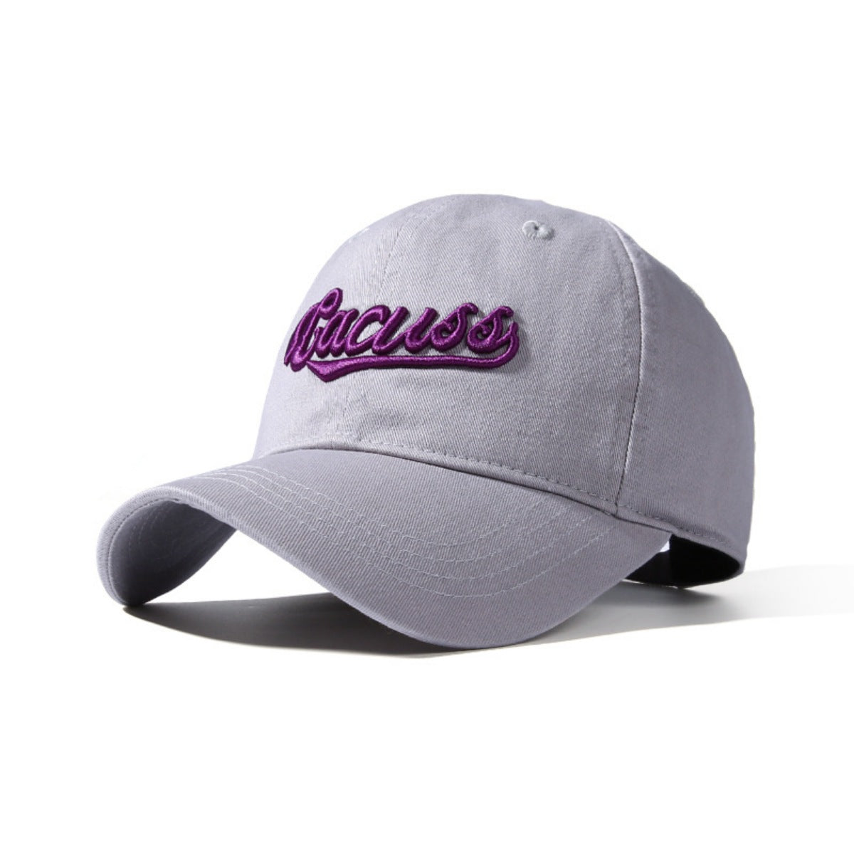 Grey cotton baseball cap with purple embroidered text detail