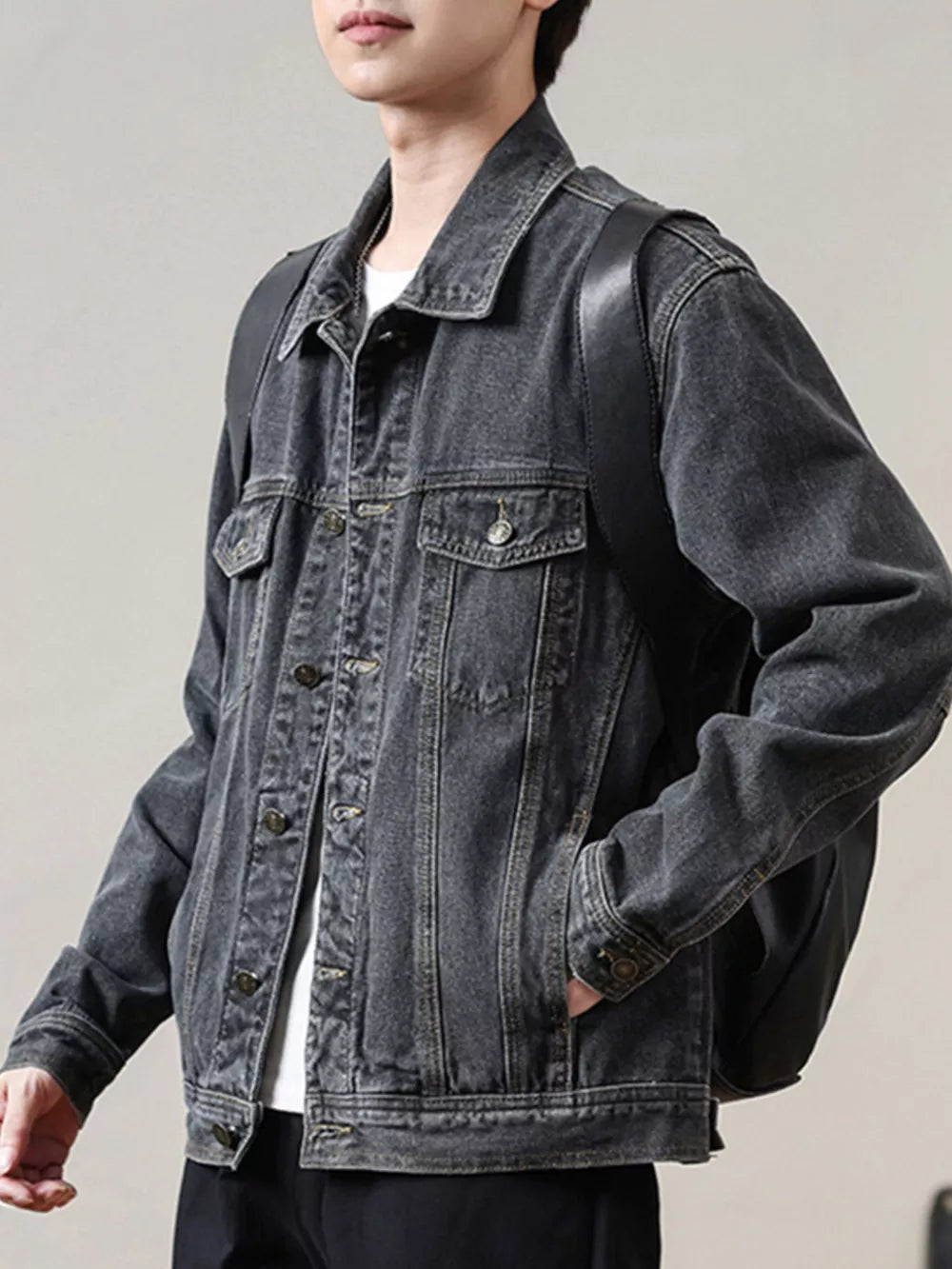 Men's Classic Washed Denim Jacket Plus Size in Dark Gray