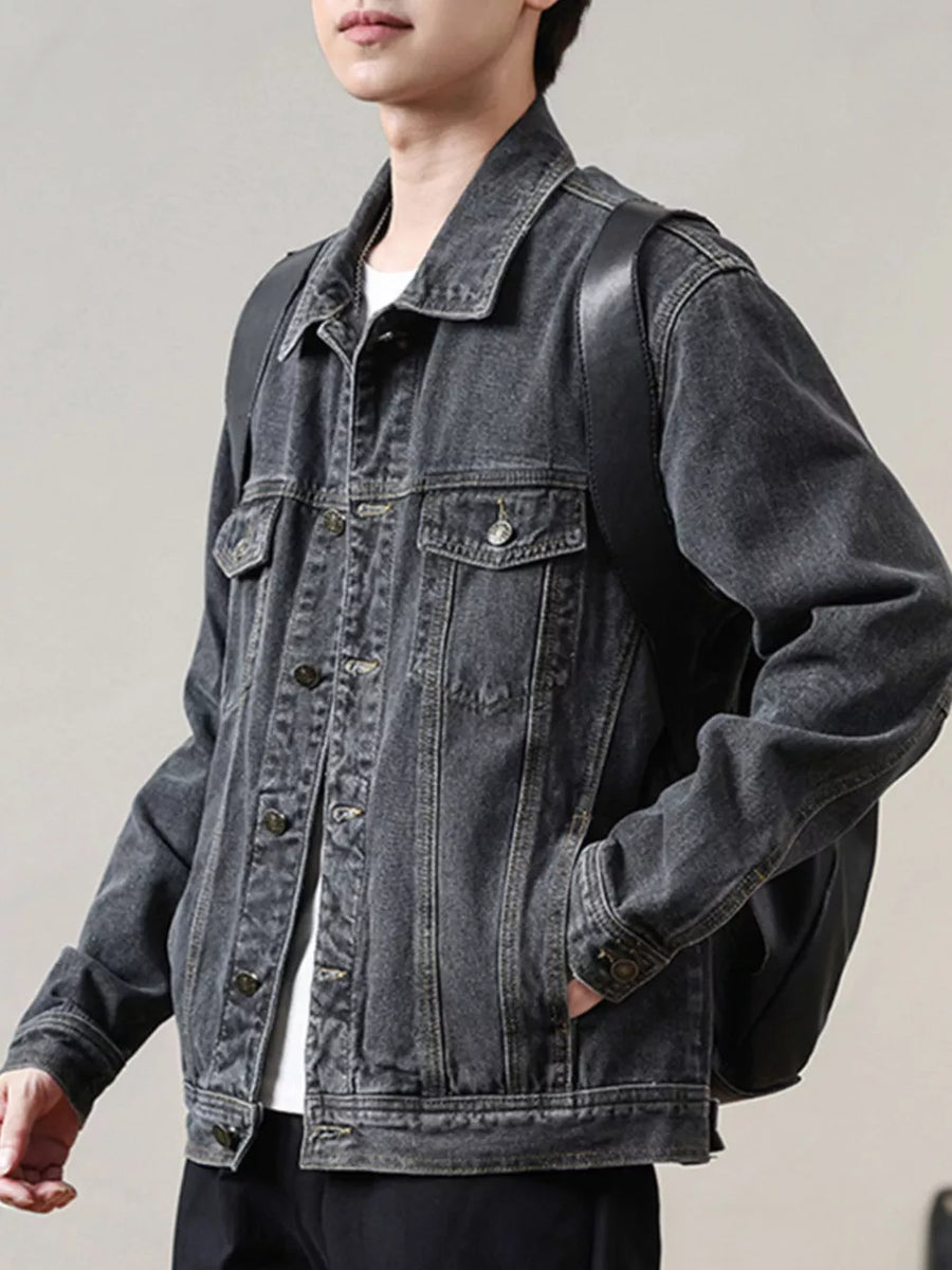 Men's Classic Washed Denim Jacket Plus Size in Dark Gray