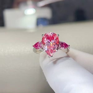 6 Carat Moissanite 925 Sterling Silver Teardrop Ring in pink with teardrop cut stones