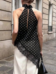 Black Polka Dot Lace Trim Asymmetrical Hem Sleeveless Blouse