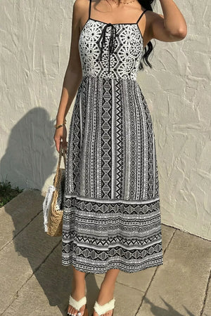 Black and white geometric print cami dress with crochet bust and tie detail
