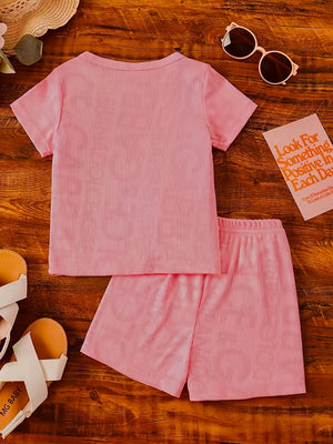 Pink ribbed knit tee and shorts set for baby girls, crew neck, short sleeves, comfortable casual outfit.