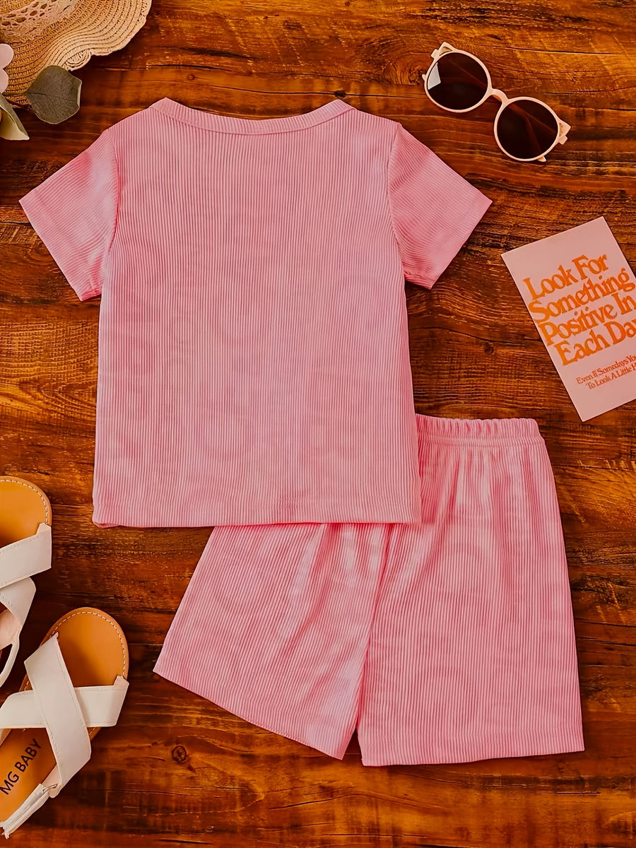 Pink ribbed knit tee and shorts set for baby girls, crew neck, short sleeves, comfortable casual outfit.